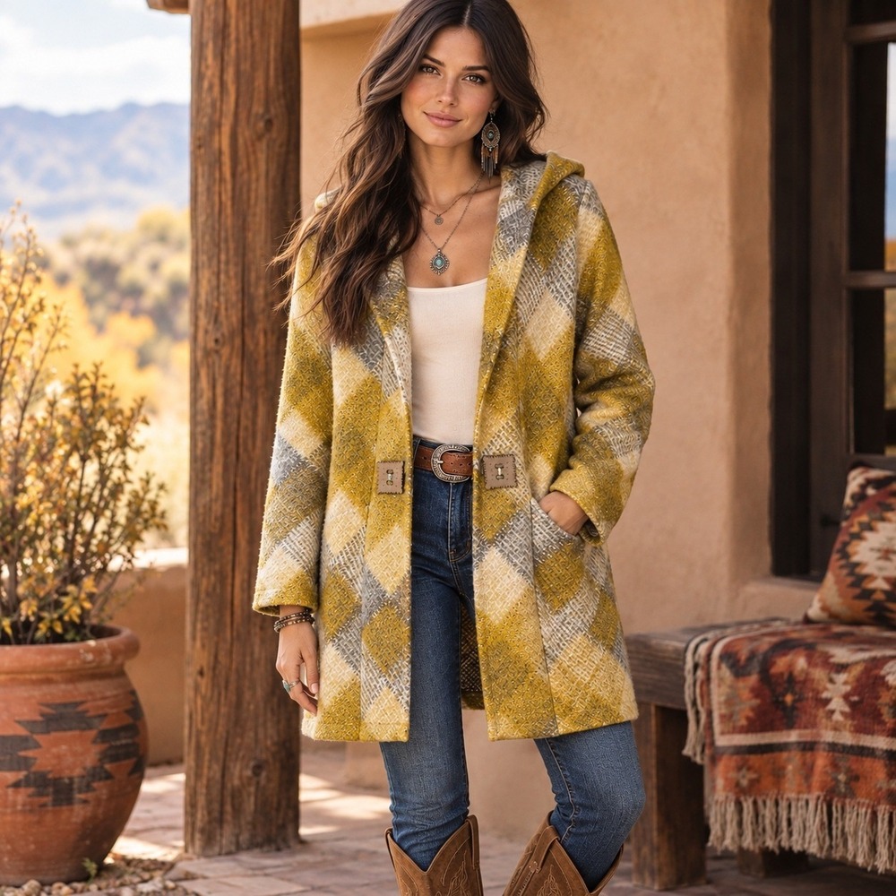 Soft Surroundings Plaid Hooded Cardigan Coat Womens M Fall Winter western Boho